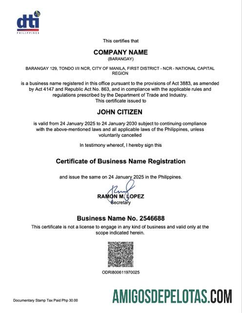 em branco Filipinas Barangay Certificado de registro de nome comercial modelo Word e PDF